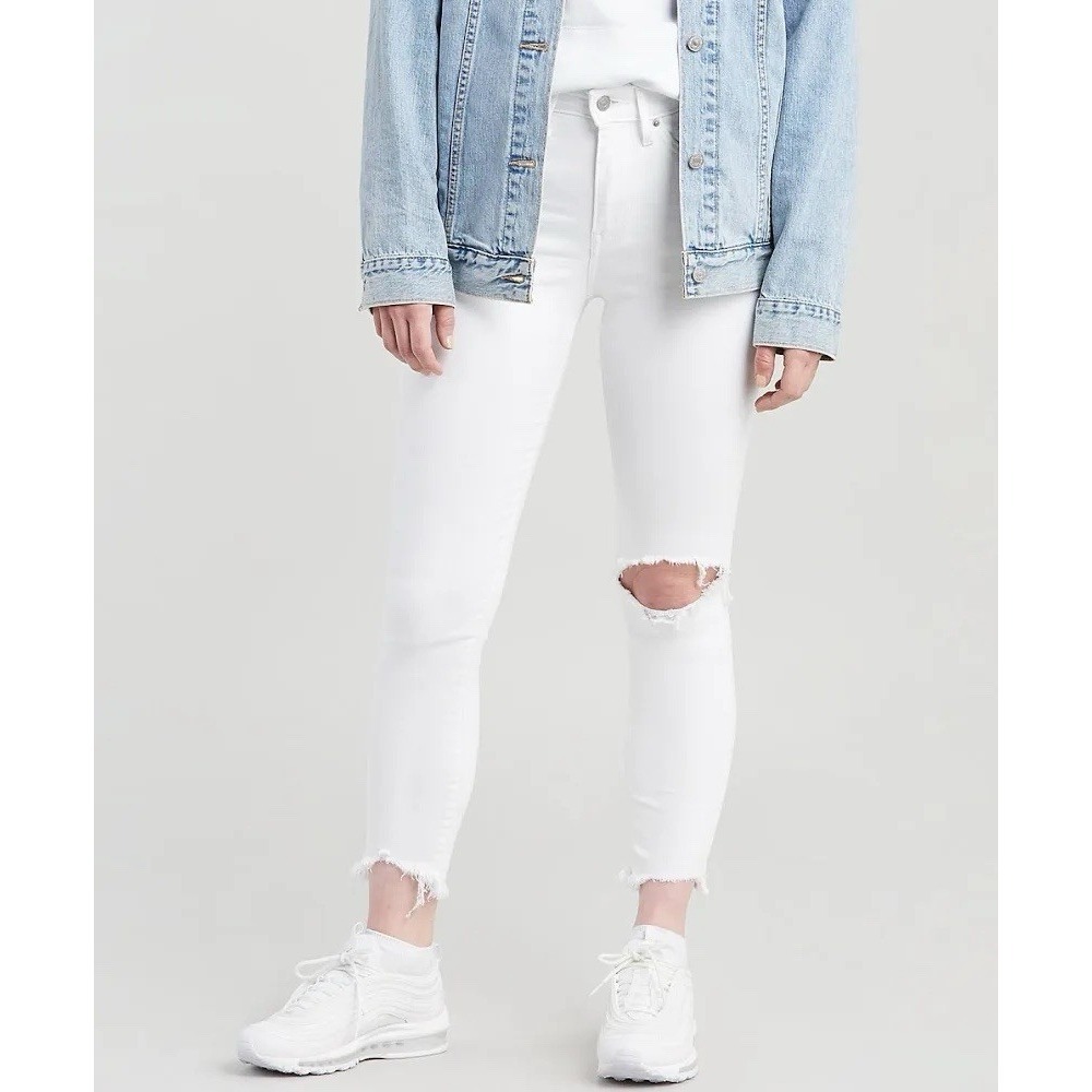 Levi's 721 Jean Womens 33 High Rise Skinny Ankle White Denim Distressed‎ Raw Hem